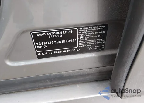 2006 Saab 9-3 2.0T z USA, uszkodzony, nr VIN YS3FD49Y961020421